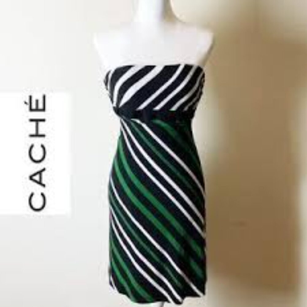 Cashe Black and Green Striped Strapless A Dress